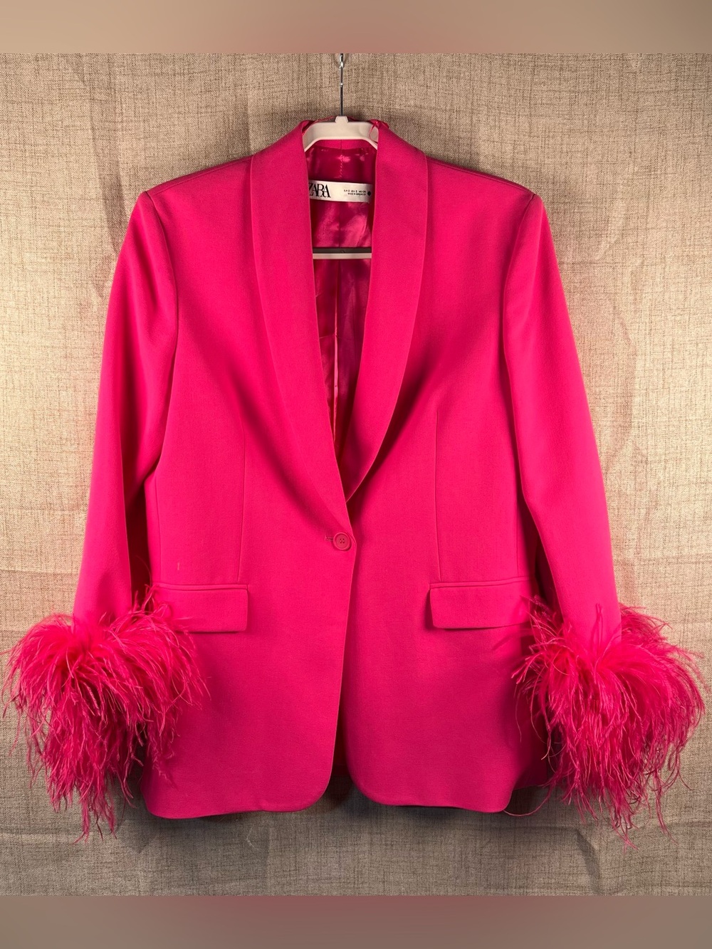 Zara Jacket Pink Feather Cuffs One Button Blazer Bright Colorful Women's Small